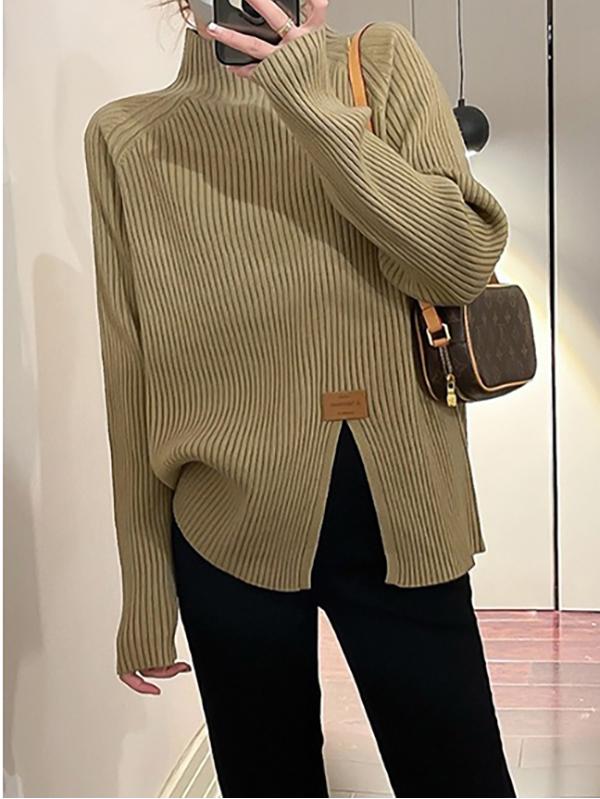 Long Sleeves Loose Split-Front Mock Neck Pullovers Sweater Tops Product Image