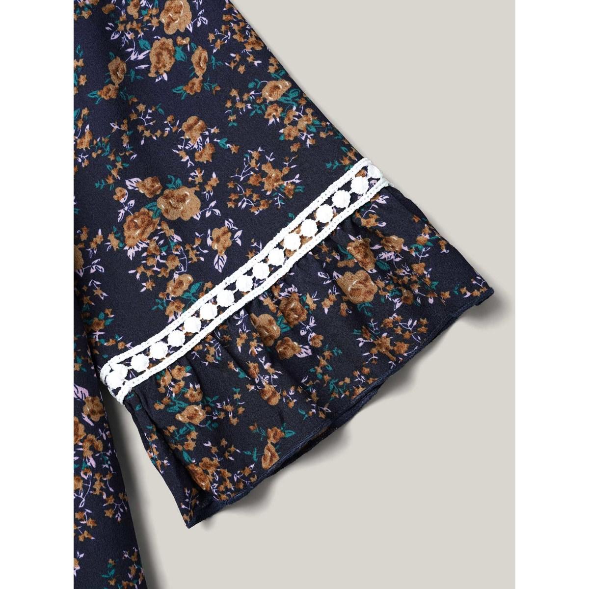 Plus Size Indigo Floral Print Lace Paneled Gathered Shirt Women Elegant Elbow-length sleeve Round Neck Everyday Blouses BloomChic 28/5X Product Image