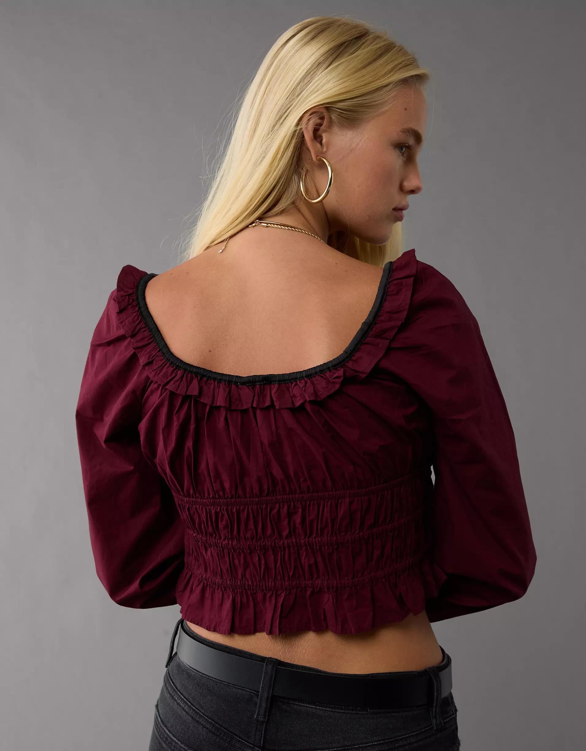 AE Long-Sleeve Ruched Poplin Blouse Product Image