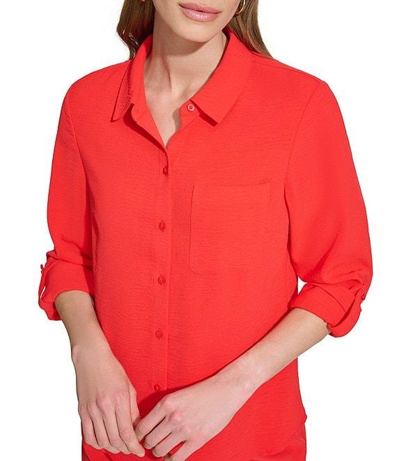DKNY by Donna Karan Point Collar Roll Tab 3/4 Sleeve Button Down Shirt Product Image