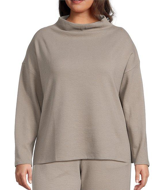 Eileen Fisher Plus Size Organic Cotton Blend Coordinating Waffle Doubleknit High Funnel Neck Long Sleeve Box Top Product Image