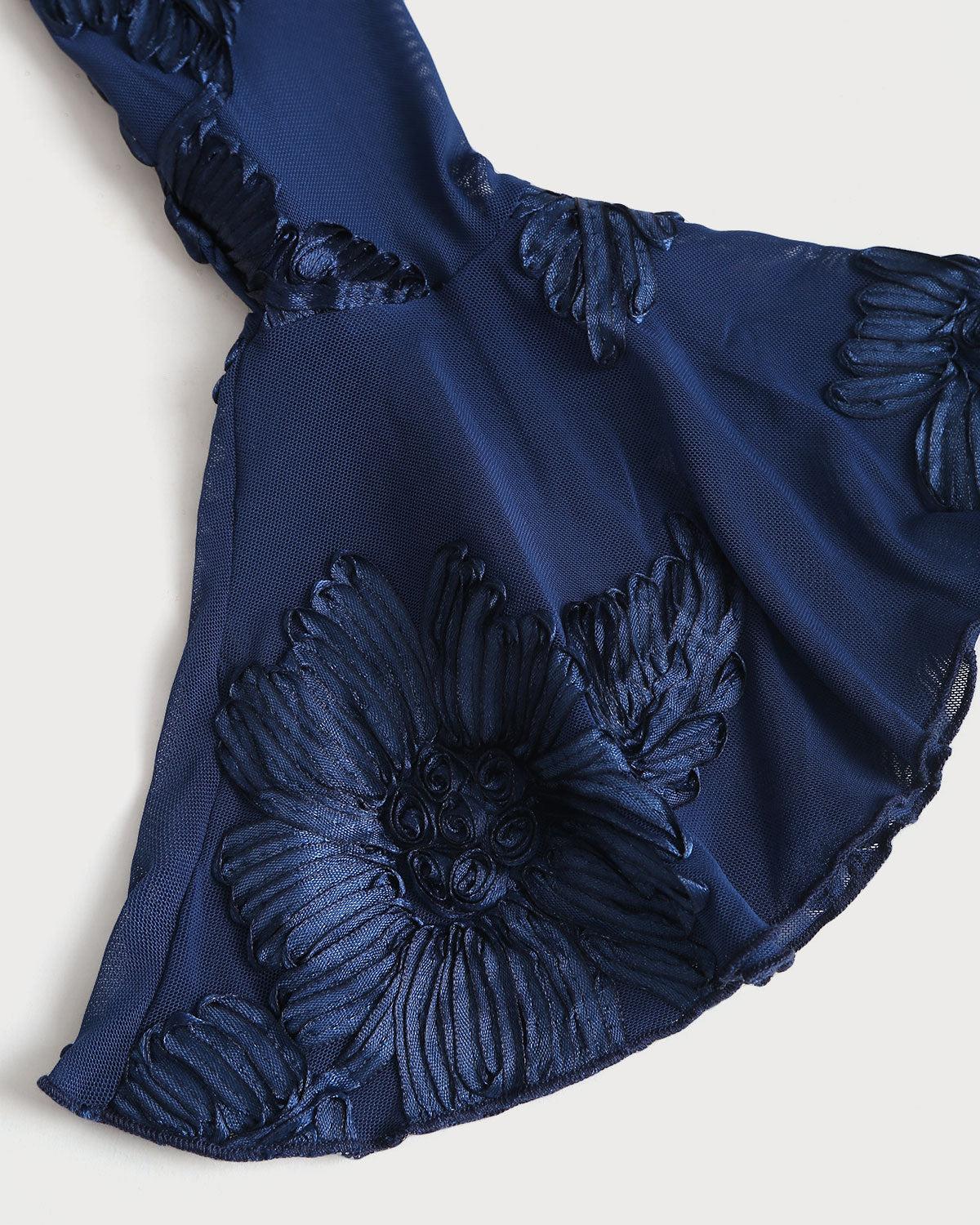 Blue Jacquard Bell Sleeve Backless Mini Dress Product Image