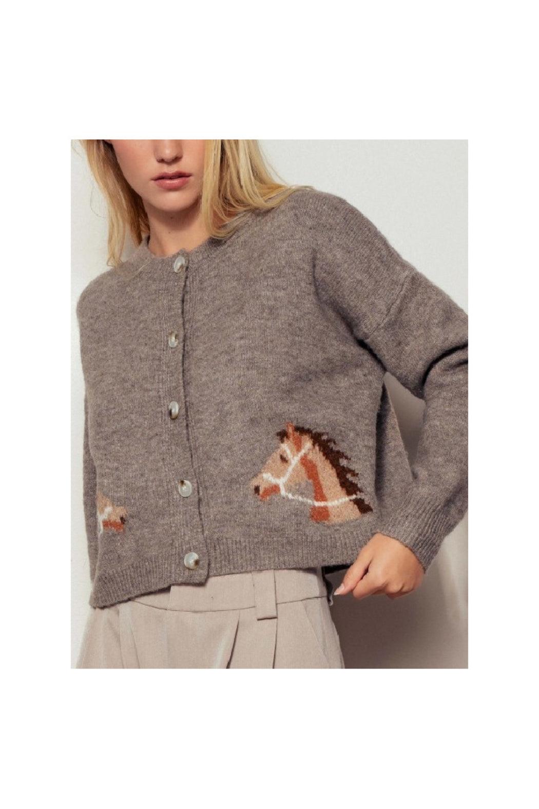 Western Horse Graphic Ribbed Trim Crew Neck Cardigan Product Image