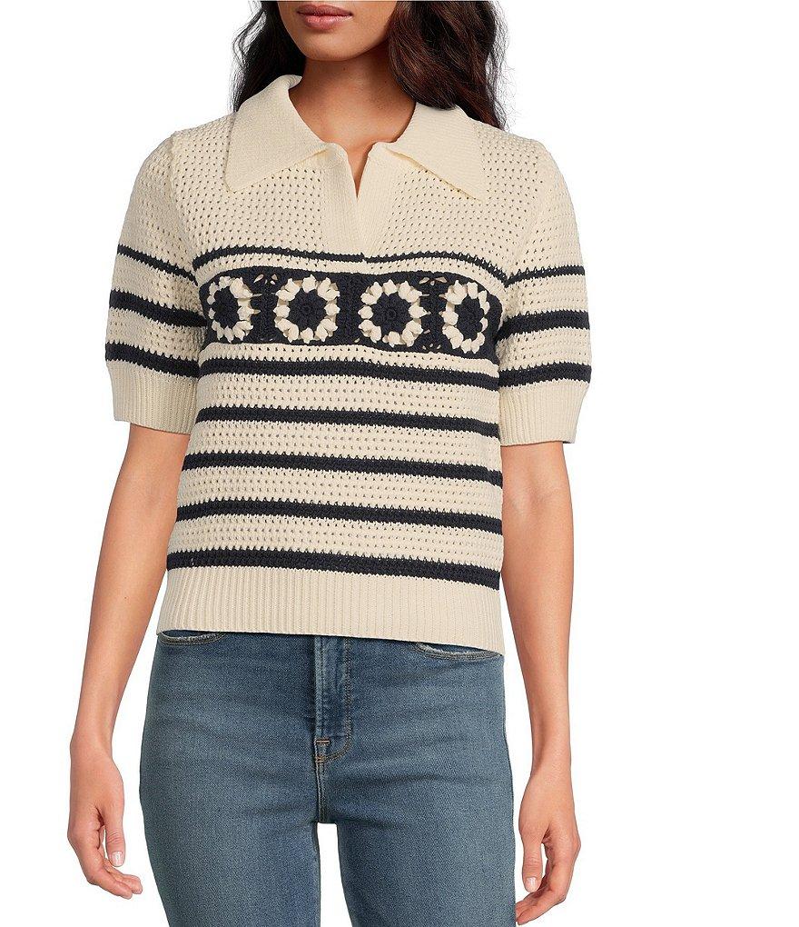 Skies Are Blue Crochet Stripe Split V-Neck Collared Short Sleeve Top Product Image