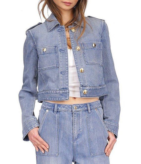 MICHAEL Michael Kors Point Collar Long Sleeve Cropped Denim Jacket Product Image