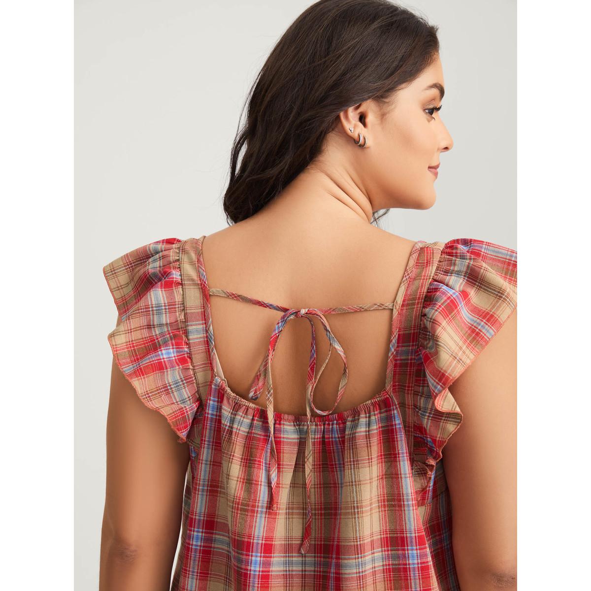 Plus Size Raspberry Plaid Print Flutter Sleeve Pleated Blouse Women Leisure Cap Sleeve Square Neck Casual Blouses BloomChic 28/5X Product Image