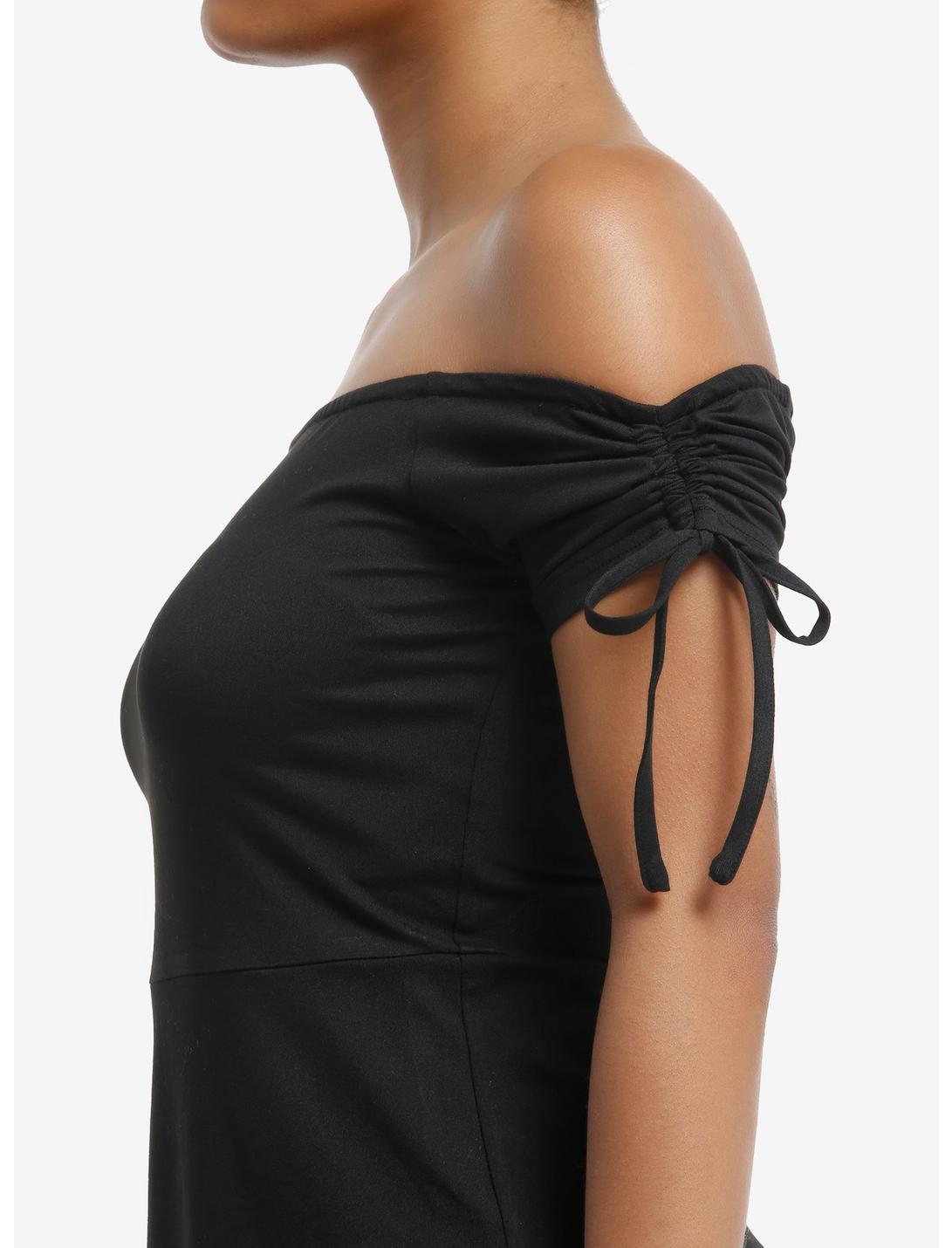 Cosmic Aura Black Ruched Off-The-Shoulder Dress Product Image