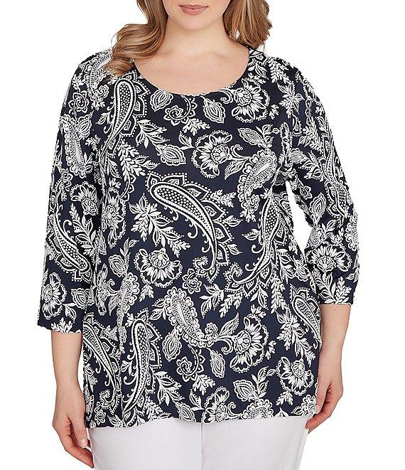 Ruby Rd. Plus Size Jacobean Print Scoop Neck 3/4 Sleeve Top Product Image