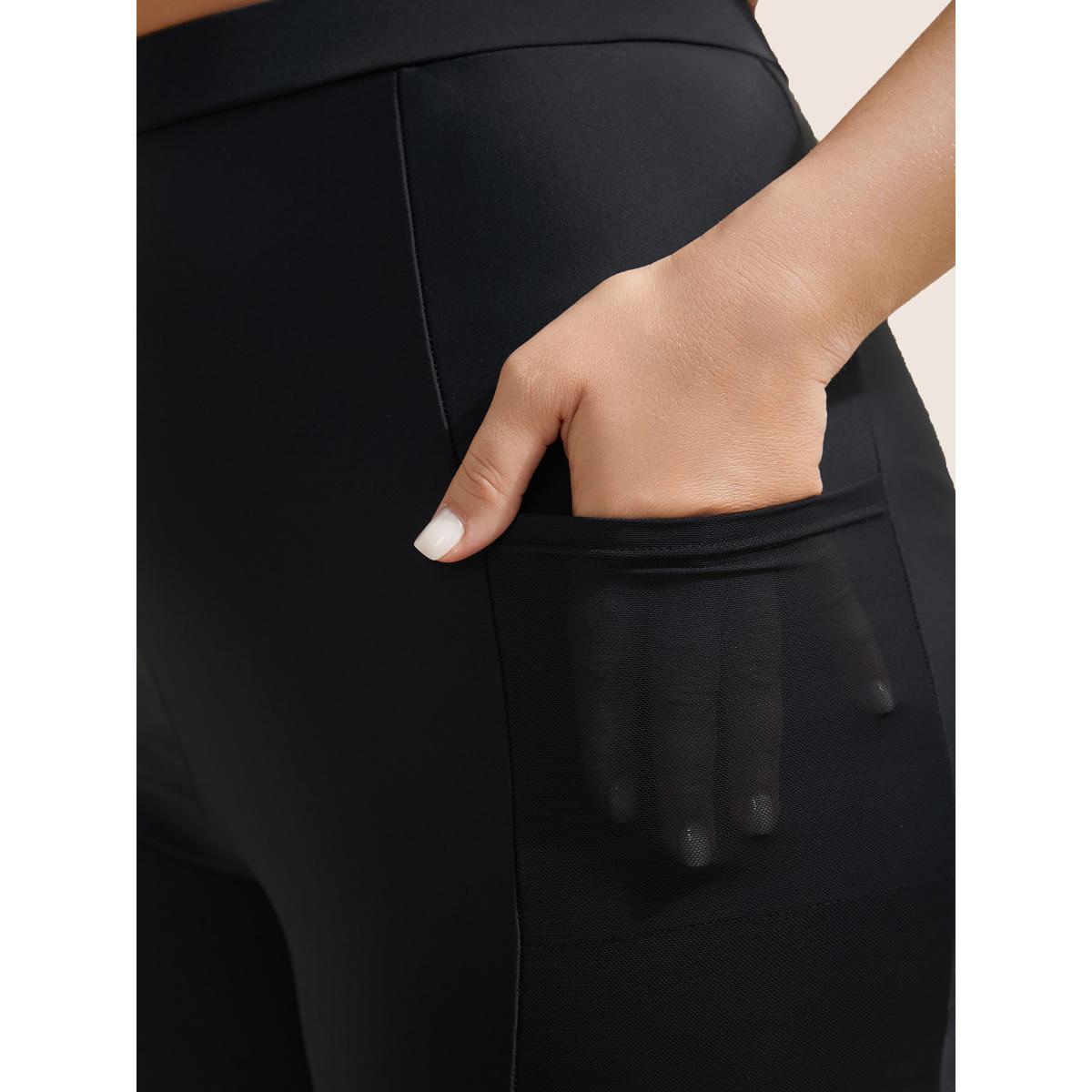 Plus Size Plain Mesh Patchwork Patched Pocket Swim Bottoms Women's Swimwear Black Resort See through High stretch Skinny High Rise Slanted pocket Curve Swim Bottoms BloomChic 22-24/3X Product Image