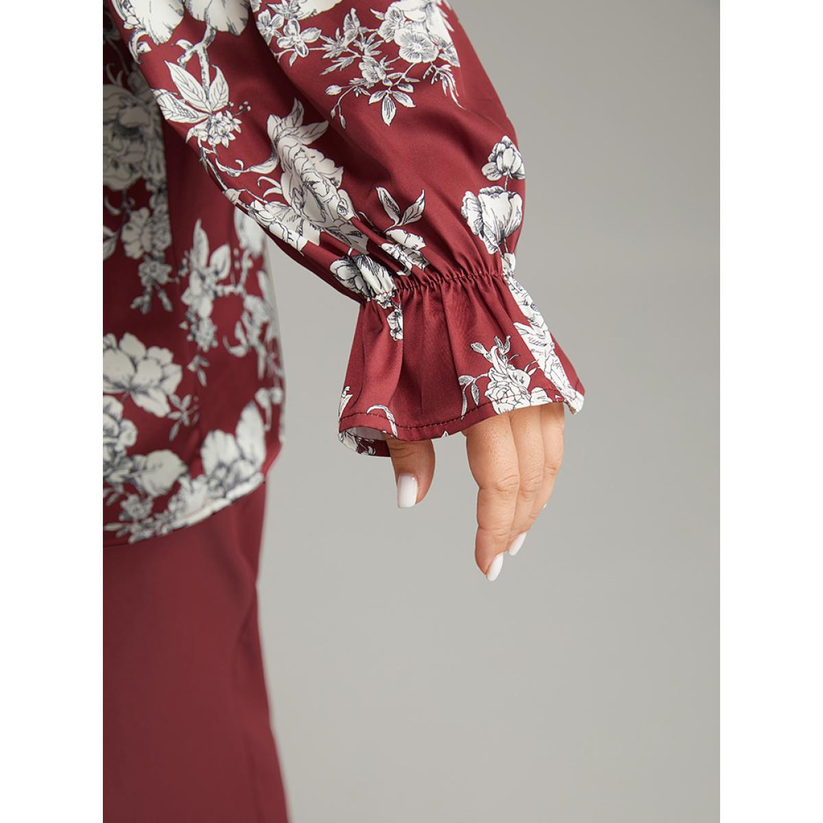Plus Size Scarlet Silhouette Floral Print Frill Trim Button Detail Blouse Women Elegant Long Sleeve Round Neck Dailywear Blouses BloomChic 26/4X Product Image