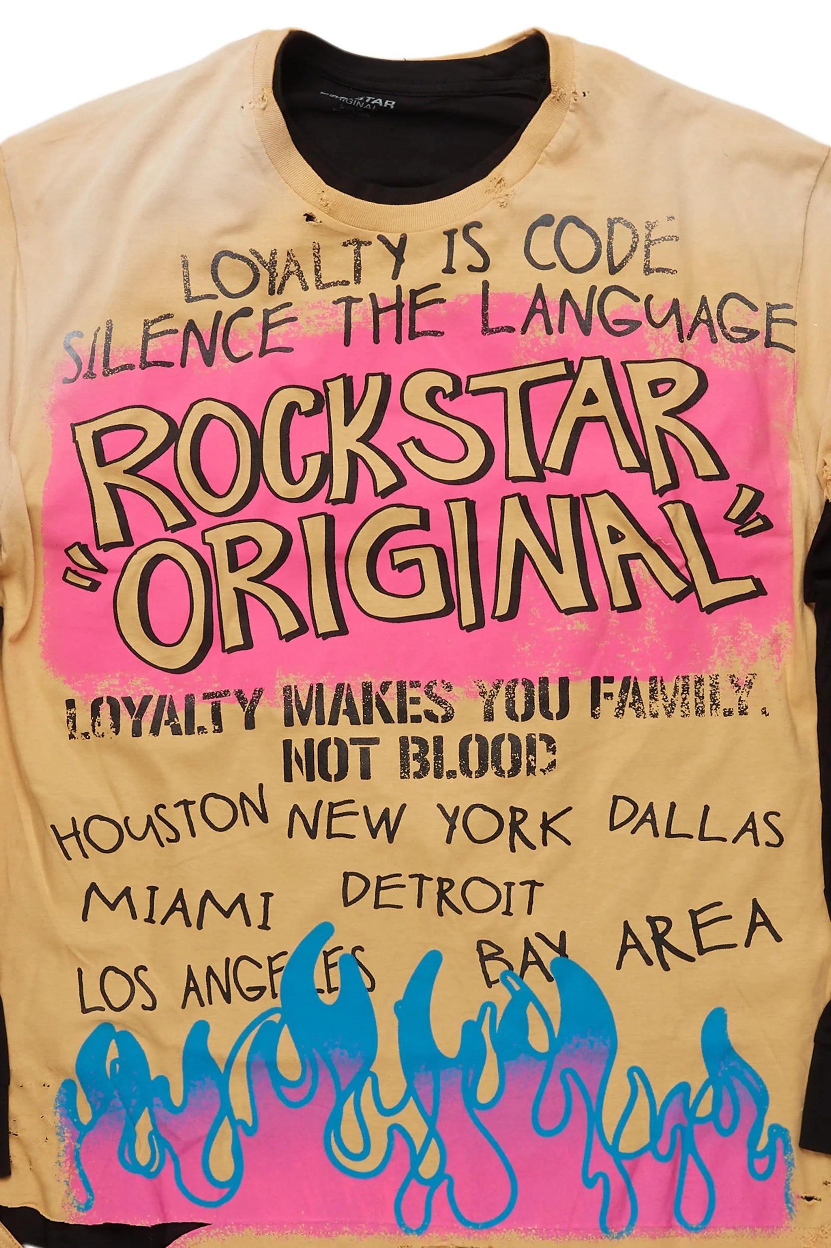 Beno Beige/Black Double Layer Long Sleeve Graphic T-Shirt Male Product Image