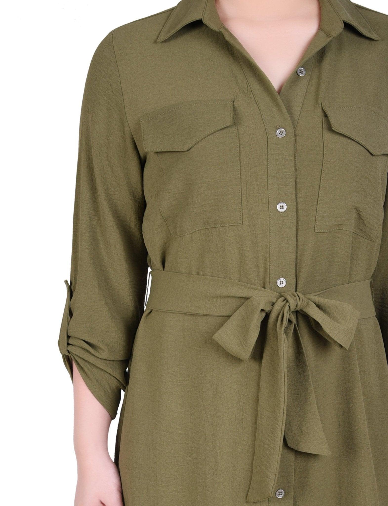 Burnt Olive Long Roll Tab Sleeve Shirtdress Product Image