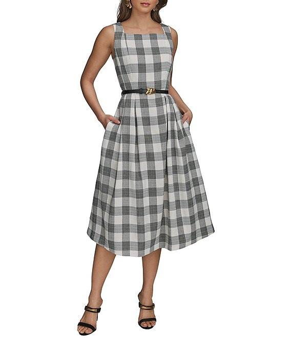 Donna Karan Gingham Tweed Square Neck A-Line Midi Dress Product Image