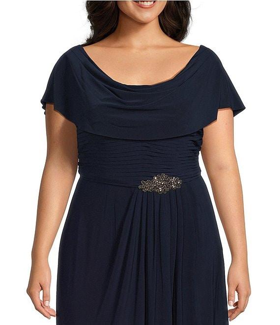 Alex Evenings Plus Size Matte Jersey Cowl Neck Cap Sleeve Pleated Embellished Side Detail Long Gown Product Image