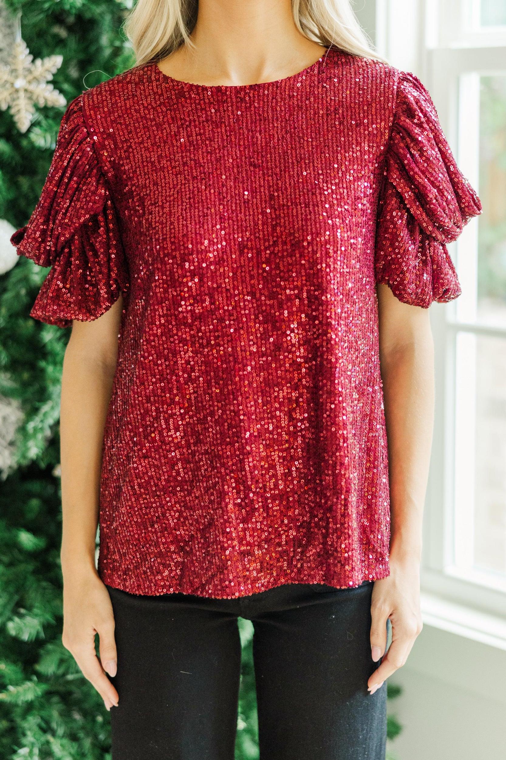 Ready To Shine Wine Red Sequin Blouse Female Product Image