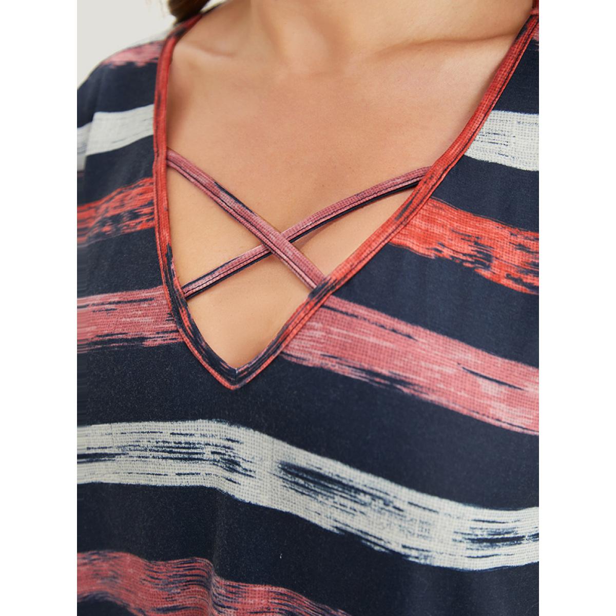 Plus Size Striped Contrast Crisscross Neck T-shirt Midnight Women Casual Striped V-neck Dailywear T-shirts BloomChic 10/M Product Image