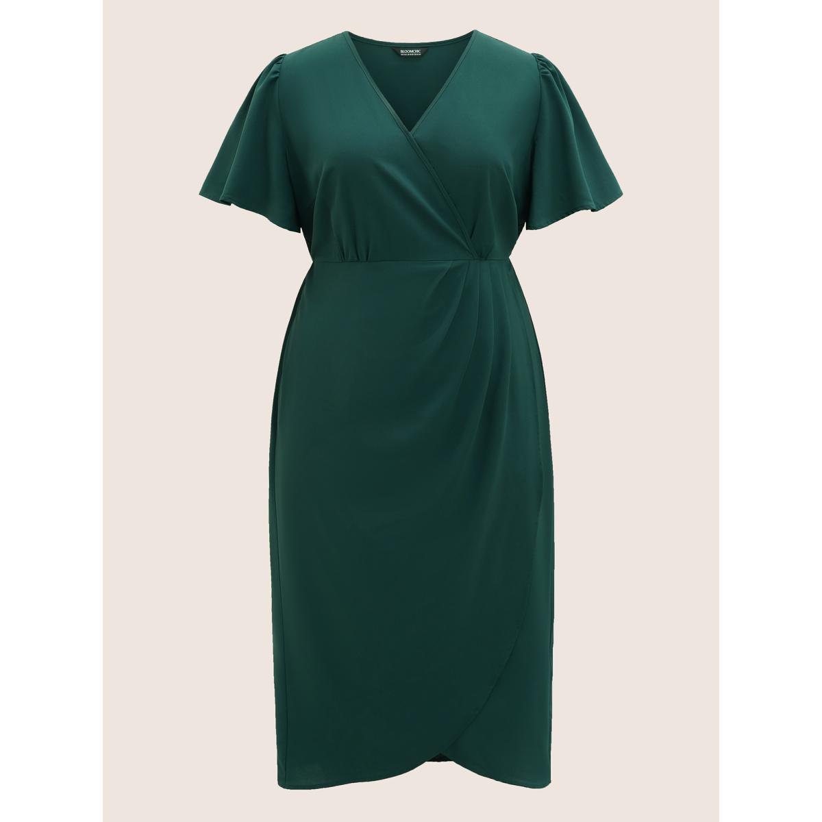 Plus Size Solid Pleated Ruffle Sleeve Wrap Hem Dress DarkGreen Women Elegant Gathered Overlap Collar Short sleeve Curvy BloomChic 22-24/3X Product Image