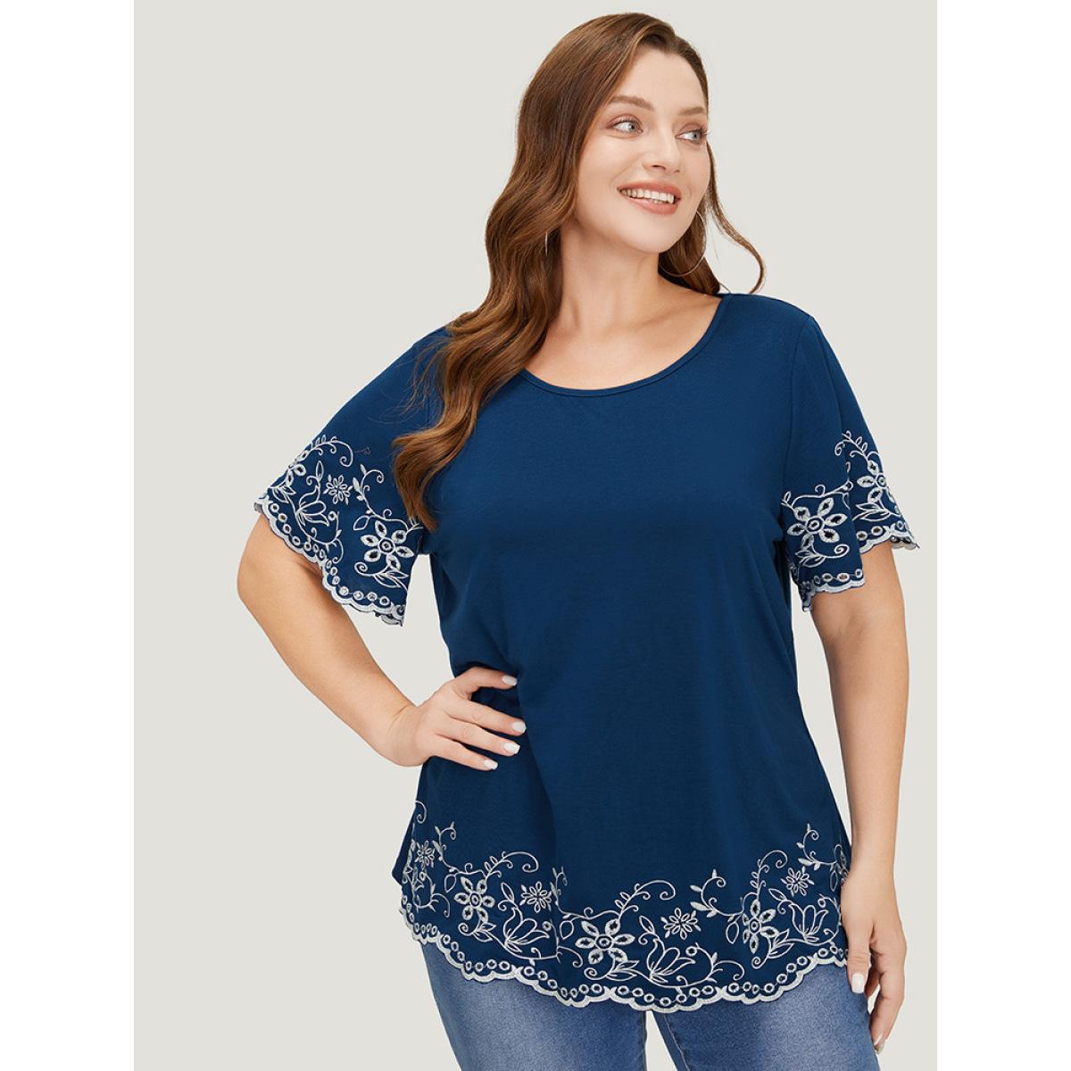 Plus Size Floral Broderie Anglaise Ruffle Sleeve T-shirt DarkBlue Women Elegant Broderie anglaise Floral Round Neck Dailywear T-shirts BloomChic 22-24/3X Product Image