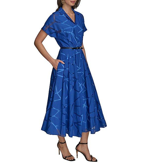 Donna Karan Burnout Notch Collar Short Sleeve Belted Button Front Midi Dress Product Image