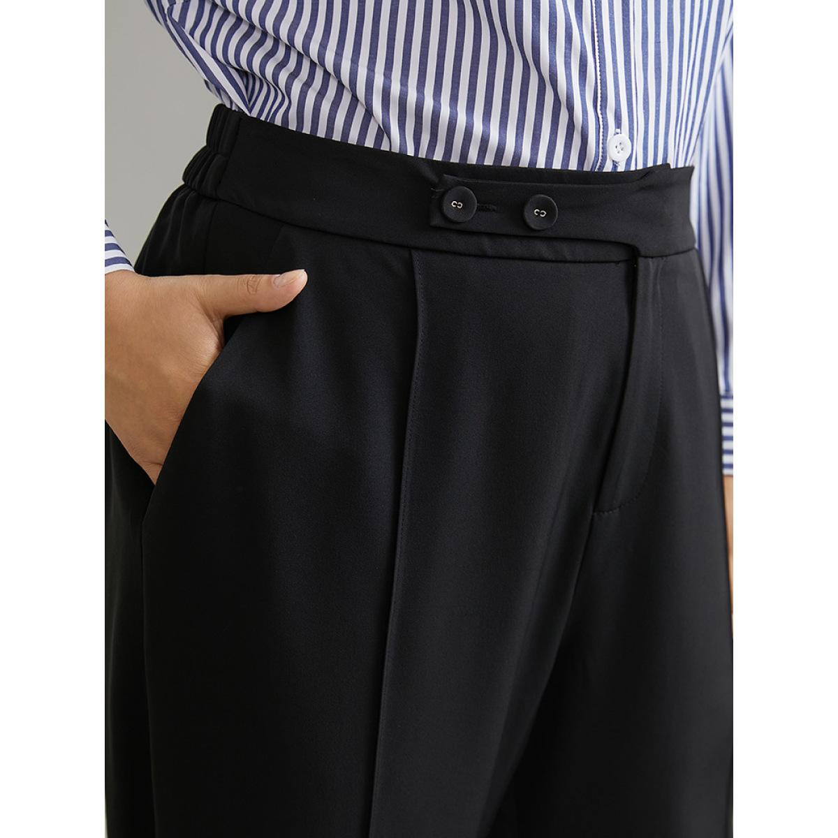 Plus Size Plain Elastic Waist Pleated Button Detail Pants Women Black Office High Rise Office Pants BloomChic 26/4X Product Image