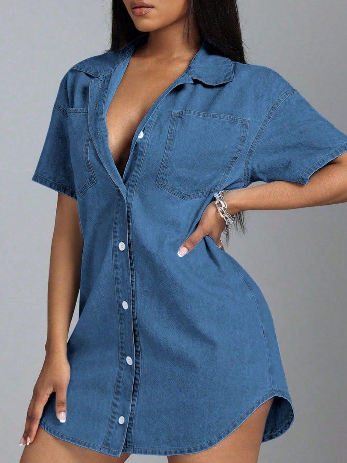 Button Down Collared Neck Denim Dress Product Image