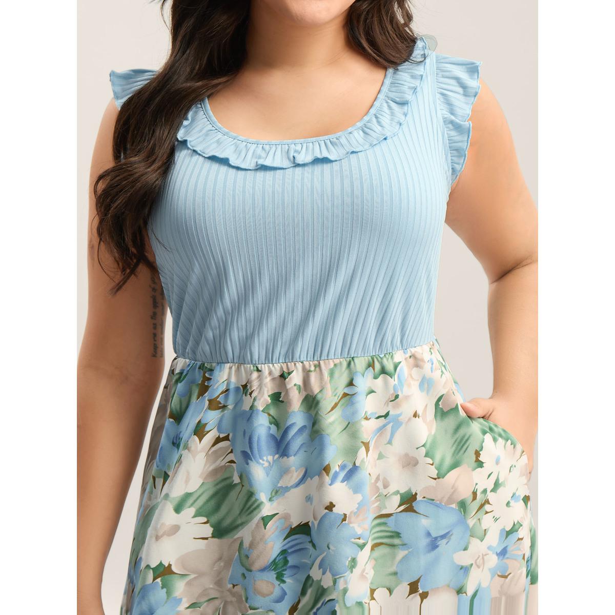 Plus Size Floral Print Ribbed Stretchy Waist Midi Dress LightBlue Women Round Neck Sleeveless Curvy BloomChic 12/L Product Image