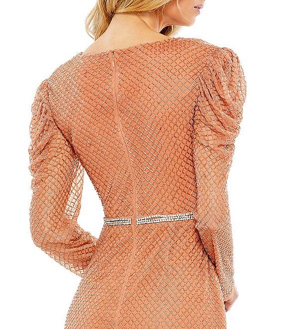 Mac Duggal Beaded Long Puffed Sleeve Surplice V-Neck Midi Dress Product Image
