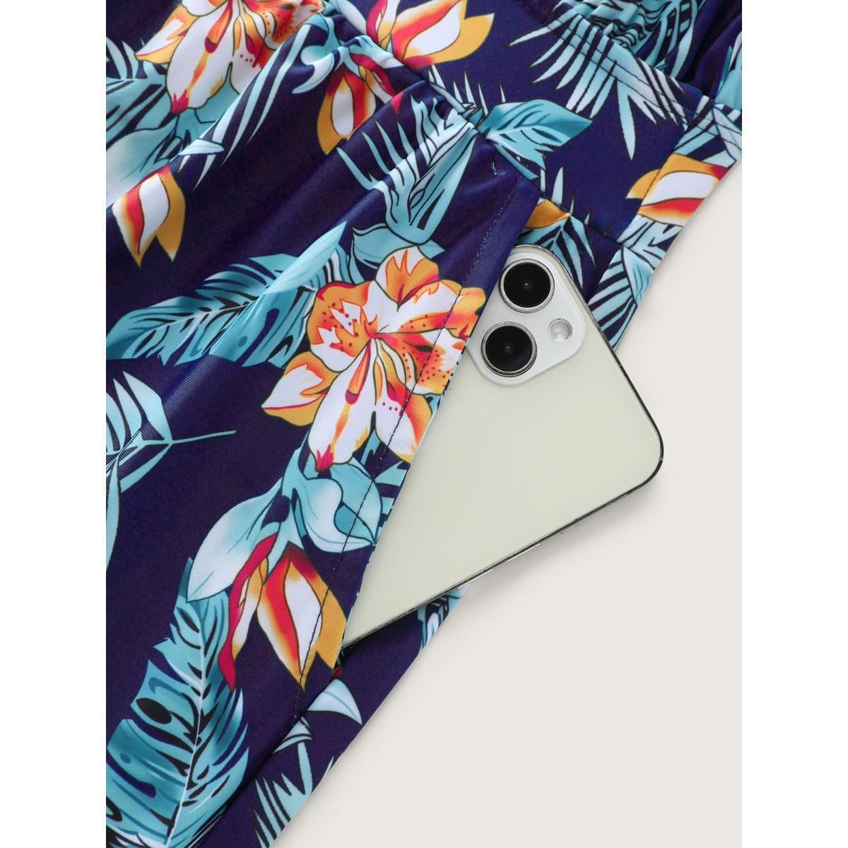 Plus Size Tropical Flower Print Pockets One-Piece Swimsuit Women's Swimwear DarkBlue Resort Gathered Curve Bathing Suits High stretch One Pieces BloomChic 22-24/3X Product Image