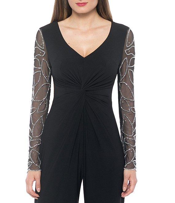 Marina Matte Jersey Sheer Beaded Long Sleeve V-Neck Knot Bodice Jumpsuit Product Image