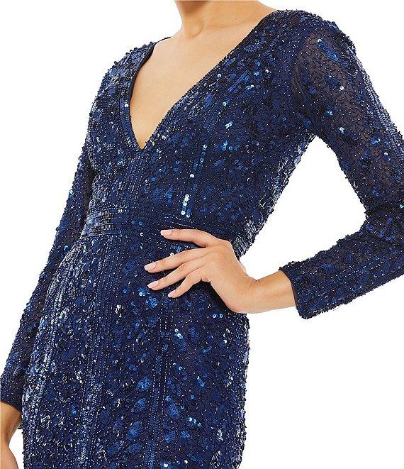 Mac Duggal Deep V-Neck Long Sleeve Thigh High Slit Beaded Sheath Gown Product Image