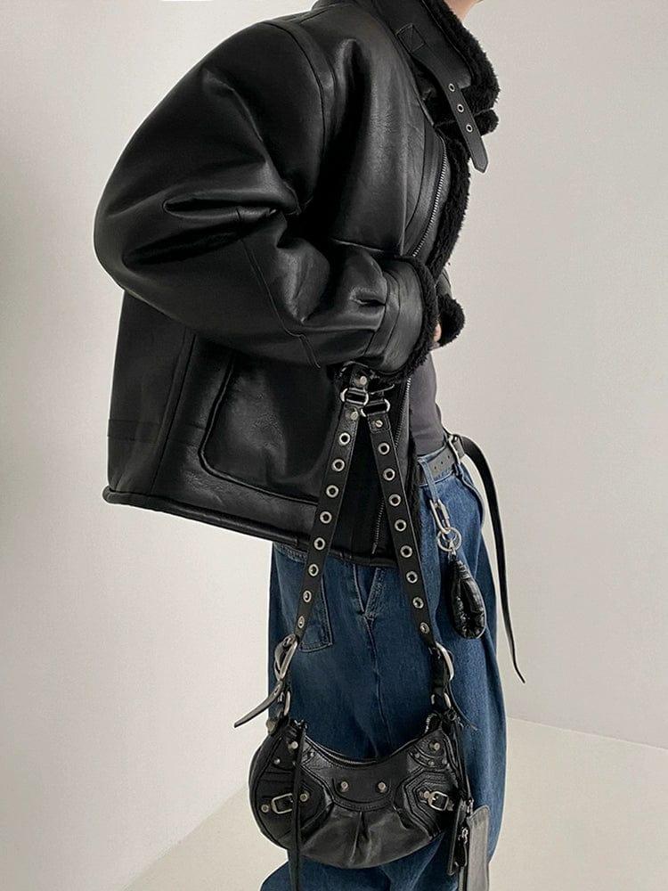 RT No. 10338 BLACK STAND COLLAR FLEECE LEATHER JK Product Image