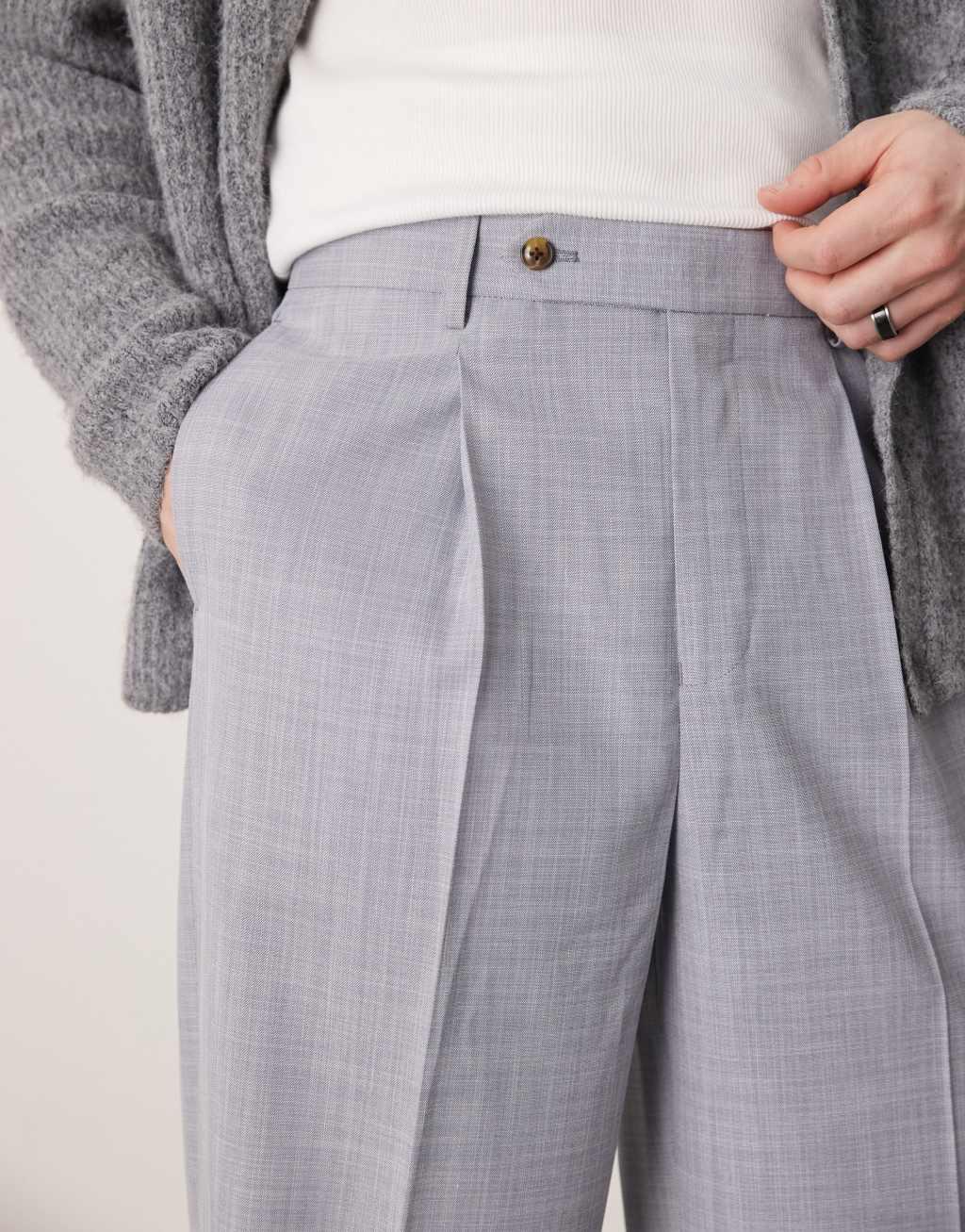 ASOS DESIGN smart wide leg pants with front pleat in dusty blue crosshatch Product Image