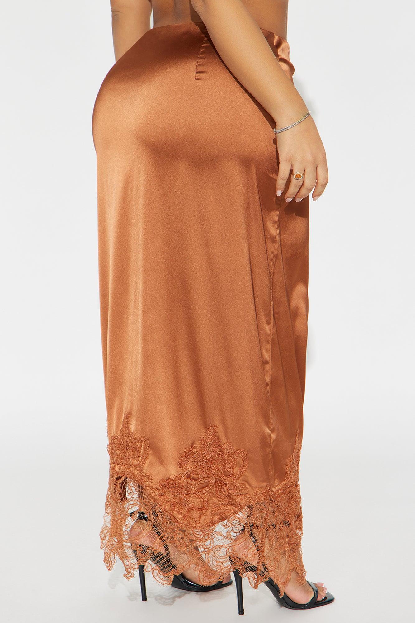 Dolled Up Lace Trim Satin Maxi Skirt - Cognac Female Product Image