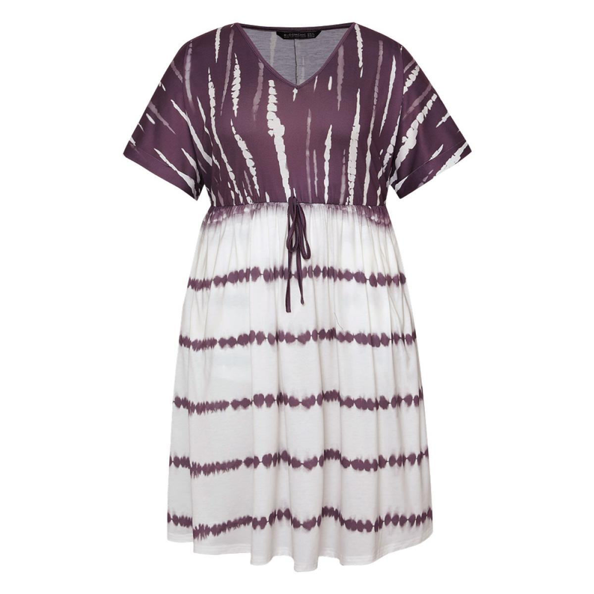 Plus Size Tie Dye Batwing Sleeve Pocket Knot Front Dress Mauve Women Casual Lined V-neck Short sleeve Curvy Midi Dress BloomChic 26/4X Product Image