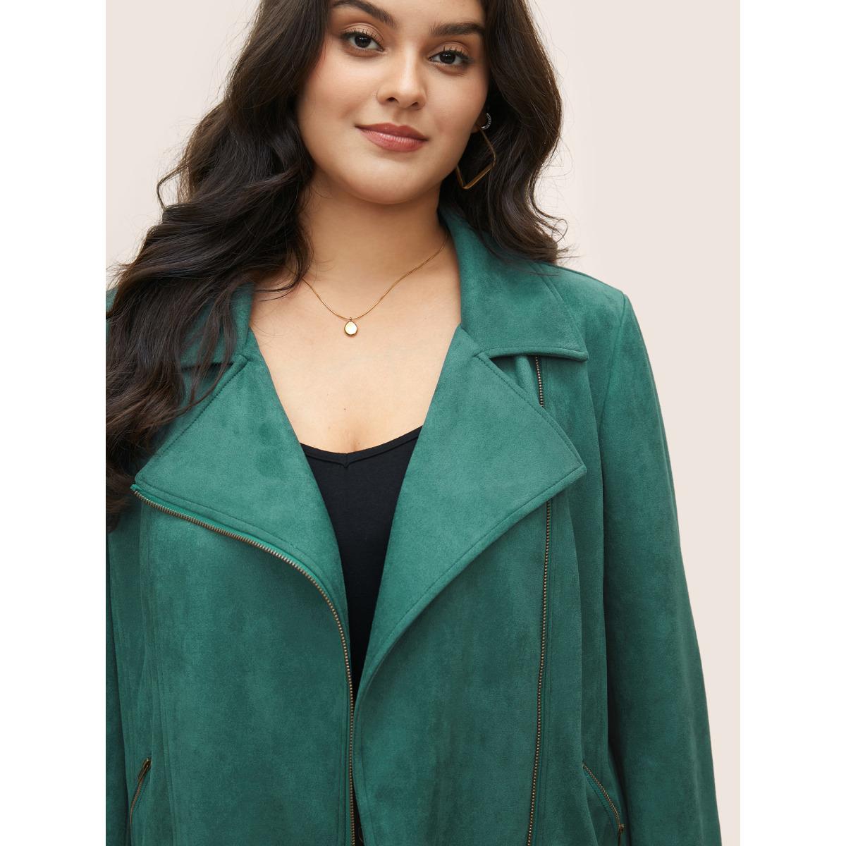 Plus Size Solid Faux Suede Zipper Lapel Collar Jacket Women Emerald Non Zippered pocket Everyday Jackets BloomChic 18-20/2X Product Image
