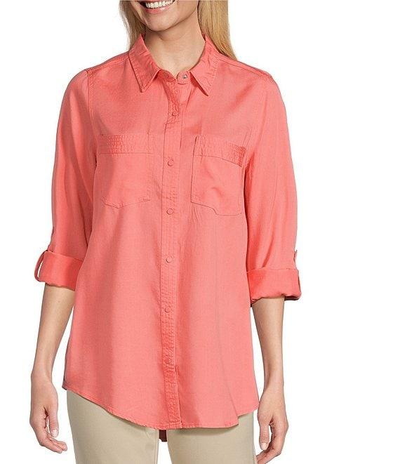 Intro Petite Size Roll-Tab Sleeve Button Front Slub Lyocell Shirt Product Image