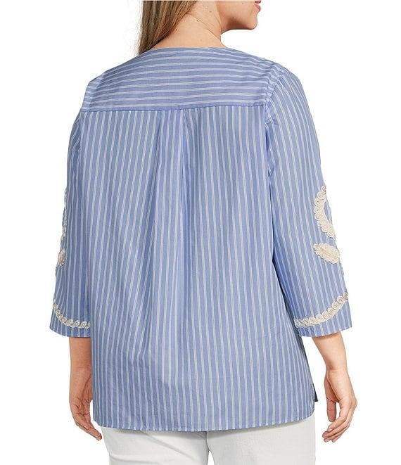 Calessa Plus Size Embroidered Patchwork Pinstripe Split V-Neck 3/4 Sleeve Tunic Product Image