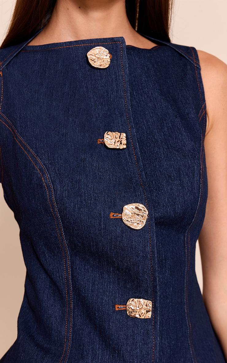 Indigo Blue Chambray Denim Gold Button Detail Top Product Image