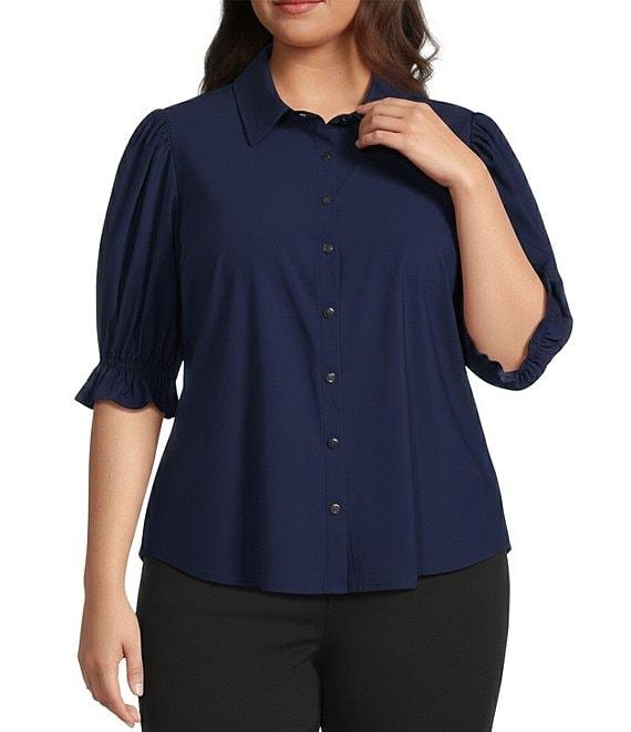 Liverpool Los Angeles Plus Size Tech Knit Point Collar Short Puff Ruffle Cuff Sleeve Button Front Shirt Product Image