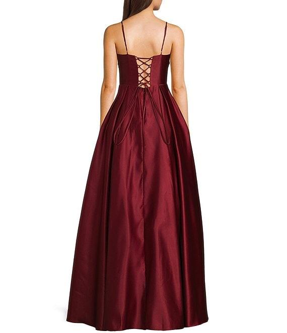 Blondie Nites Satin V-Notch Front Spaghetti Strap Tie Back Gown Product Image