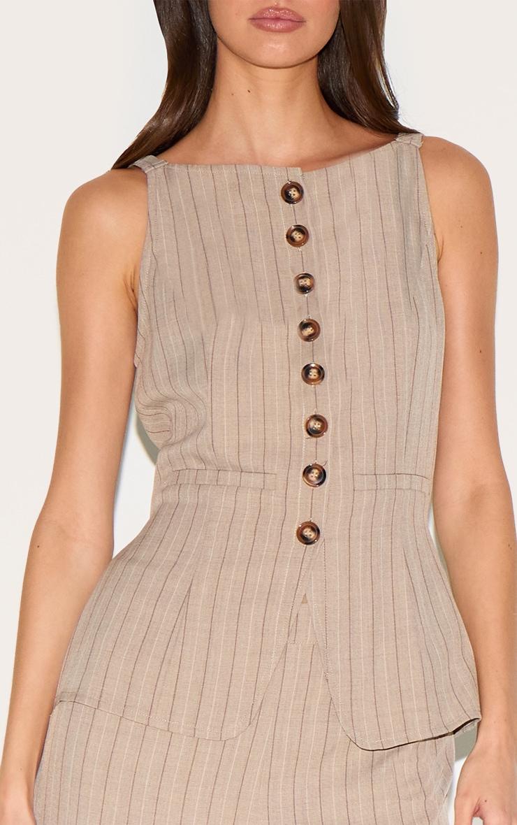 Brown Pinstripe Linen Button Down Peplum Hem Jumpsuit Product Image