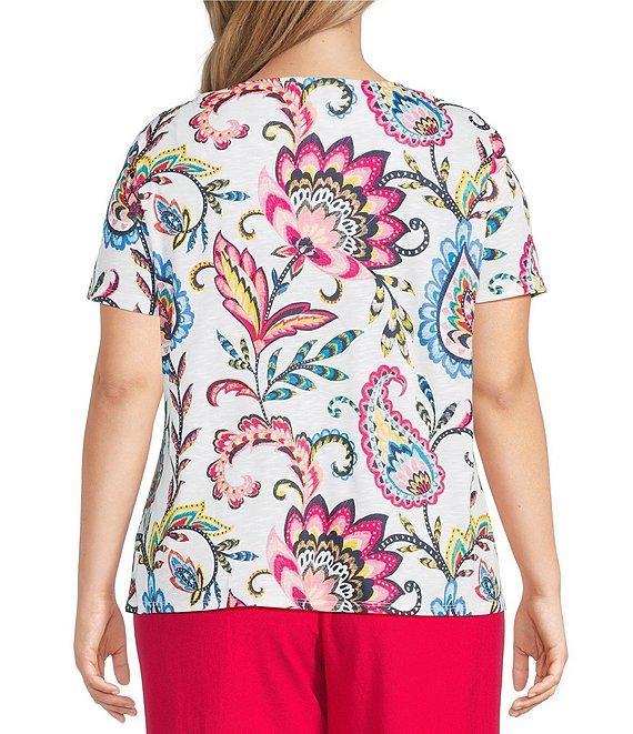 Allison Daley Plus Size Arabesque Floral Print Short Sleeve V-Neck Twist Hem Slub Jersey Knit Top Product Image