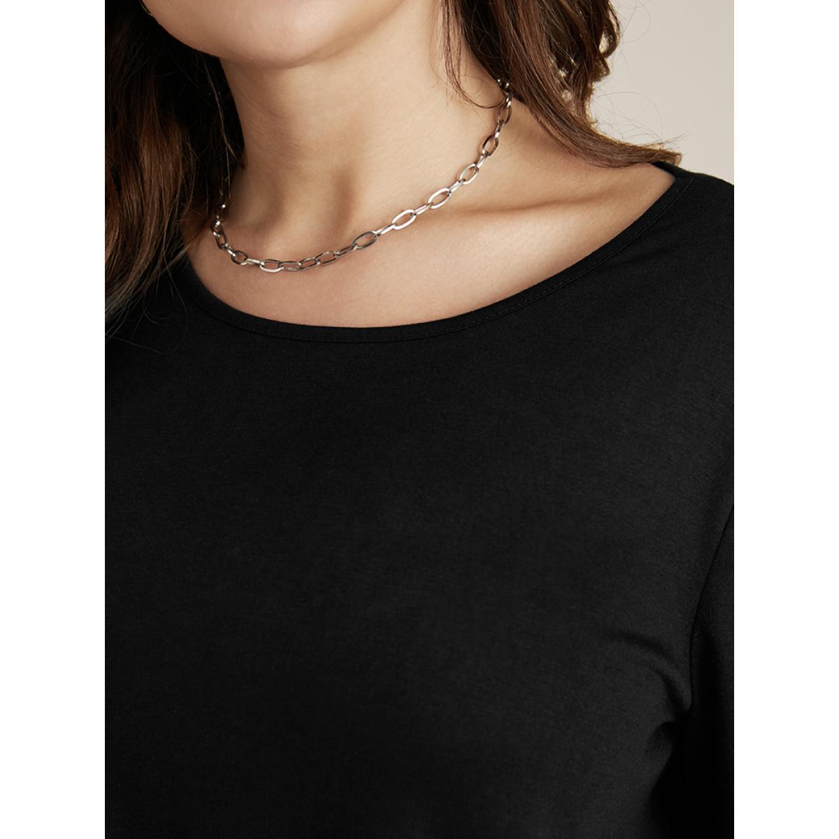 Plus Size Solid Round Neck Twist Front Long Tee Black Women Elegant Plain Plain Round Neck Dailywear T-shirts BloomChic 10/M Product Image