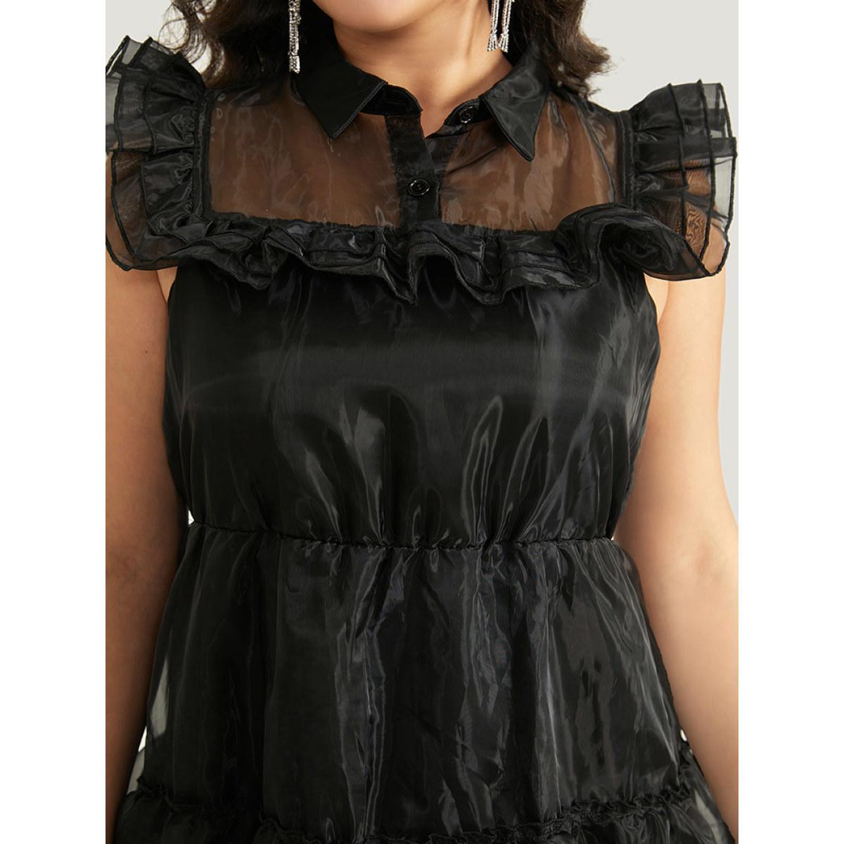 Plus Size Halloween Solid Mesh Layered Ruffle Wednesday Dress Black Women Glamour See through Shirt collar Sleeveless Curvy Midi Dress BloomChic 10/M Product Image