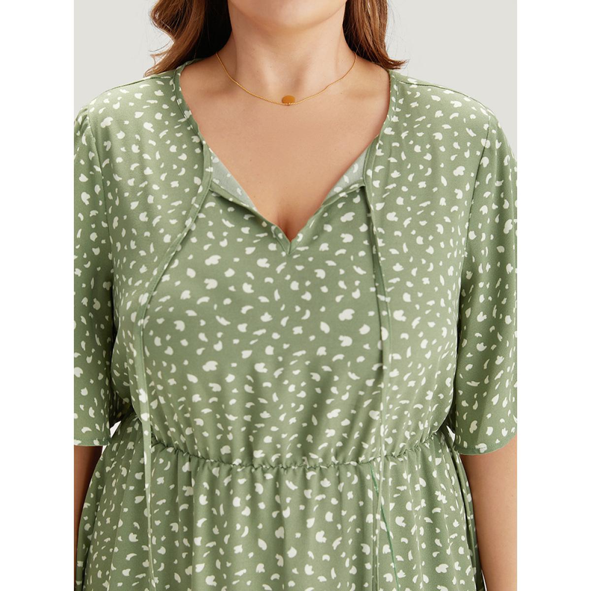 Plus Size Leopard Print Pocket Knot Neck Flutter Trim Dress Sage Women Office Cross straps Notched collar Short sleeve Curvy Midi Dress BloomChic 18-20/2X Product Image