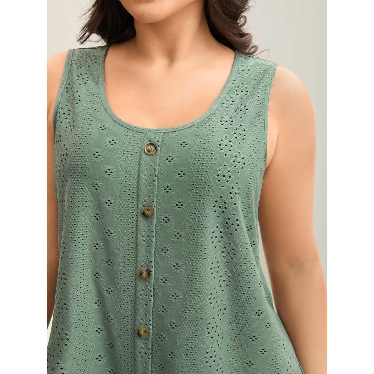 Plus Size Cut-Out Textured Button Detail Tank Top Women Greenbean Leisure Texture Round Neck Casual Tank Tops Camis BloomChic 28/5X Product Image
