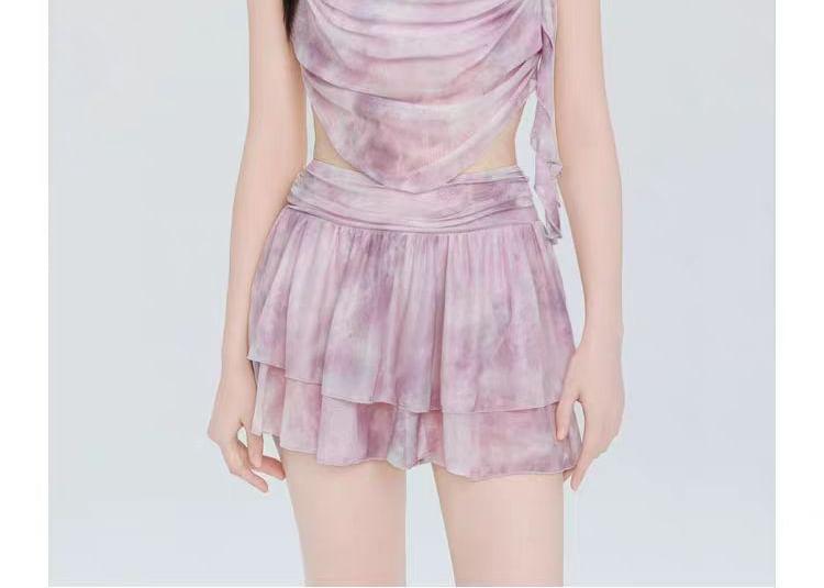 Set: Cowl Neck Tie Dye Floral Accent Ruched Tankini Top + Swim Skirt Product Image