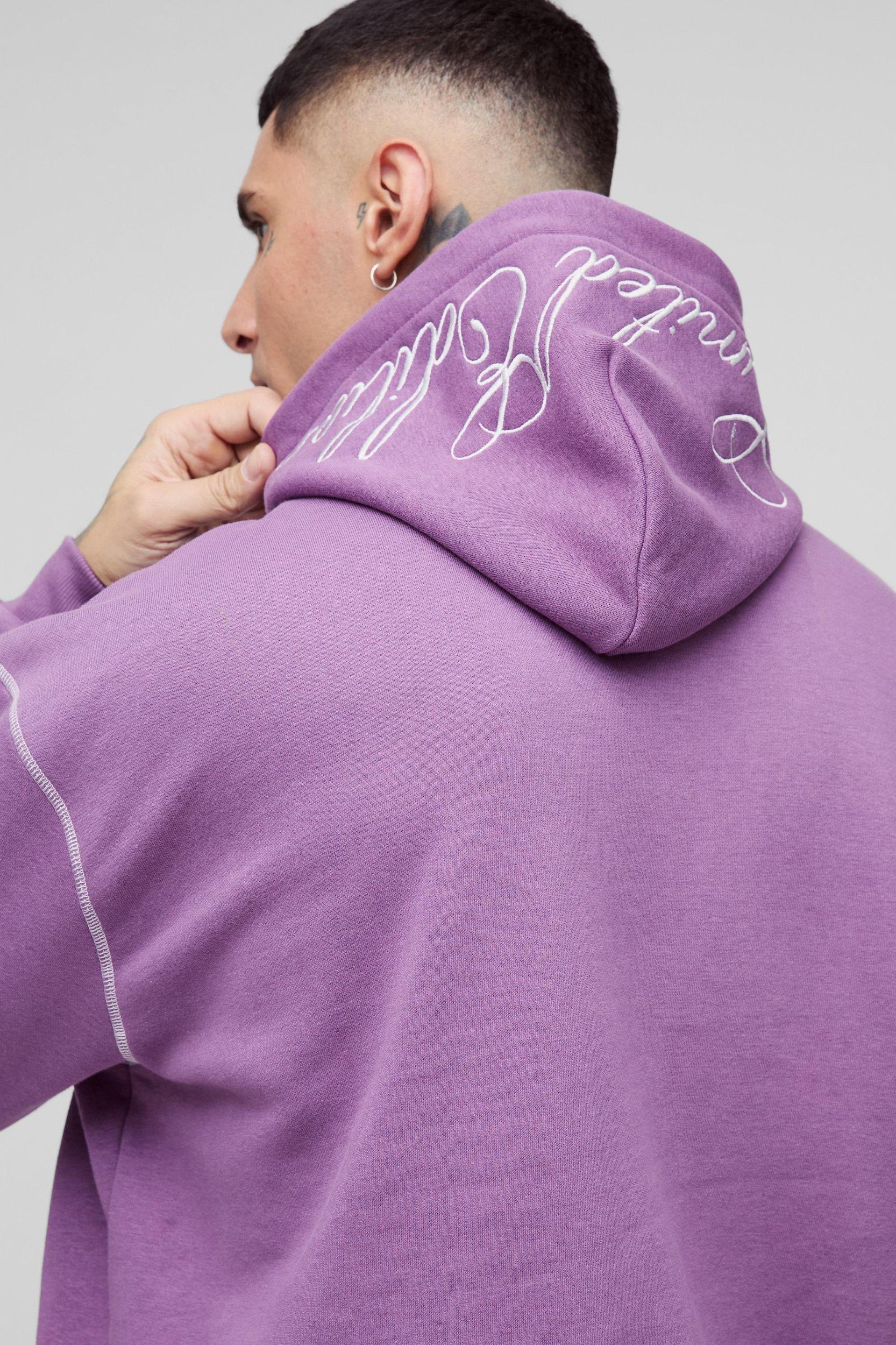 Tall Oversized Boxy Twill Applique Contrast Stitch Hoodie | boohooMAN USA Product Image