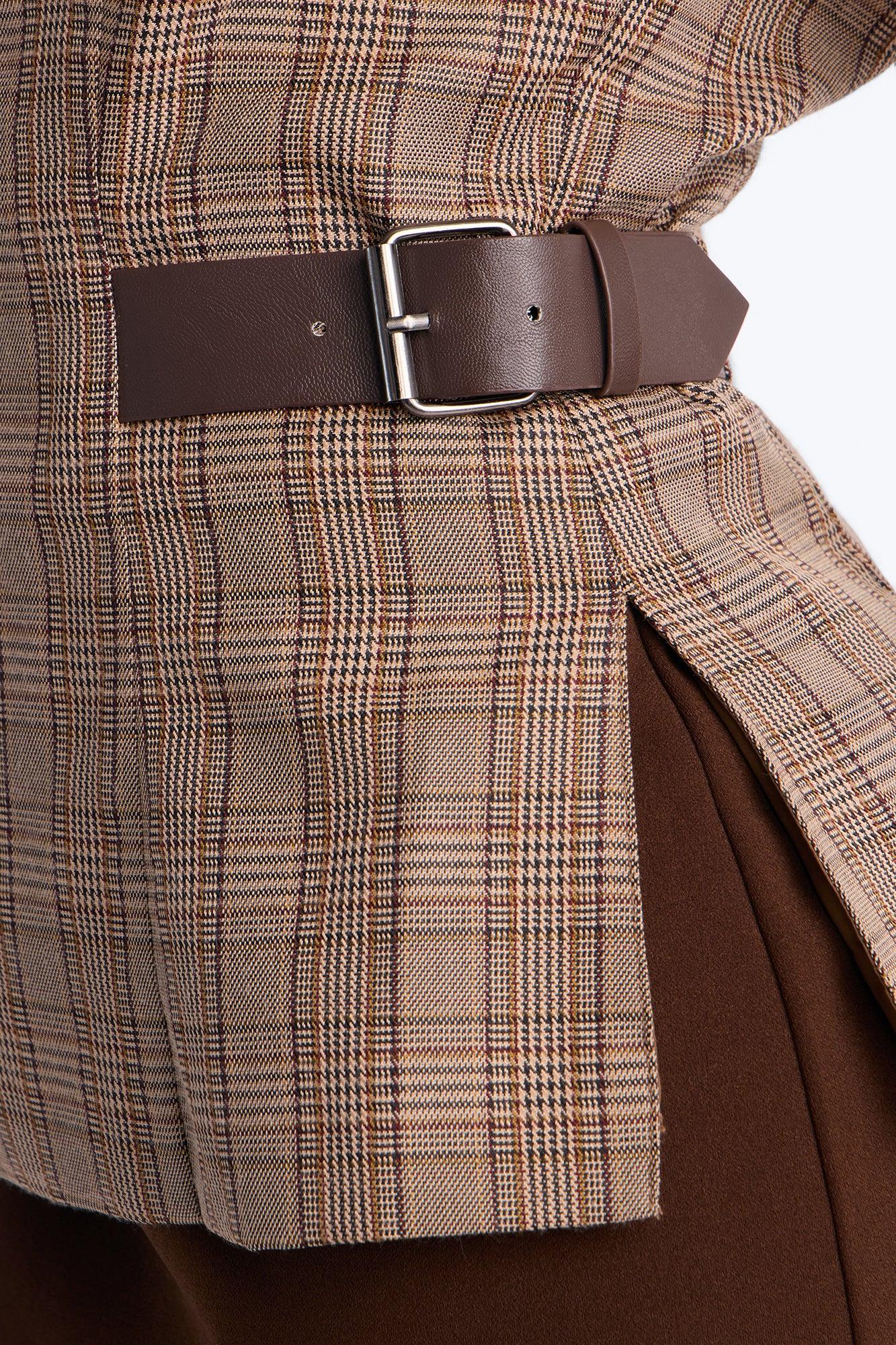 She's The Standard Belted Plaid Top - Taupe/combo Female Product Image