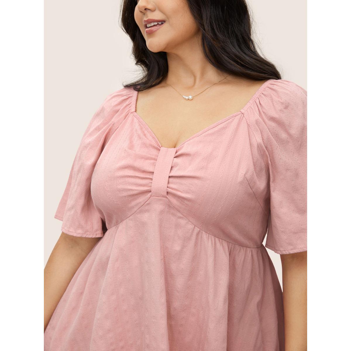 Plus Size Rouge Plain Heart Neckline Ruched Ruffle Sleeve Blouse Women Elegant Half Sleeve Heart neckline Everyday Blouses BloomChic 28/5X Product Image